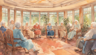 Elderly residents in a peaceful nursing home sitting in a circle sharing unity