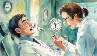 A dentist examinating a patient showing oral cancer, a mirror reflecting an abstract clock hinting the importance of early detection