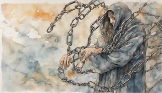 A person breaking free from shackles against a backdrop of sunrise