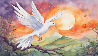 A white dove carrying an olive branch flying over a serene landscape