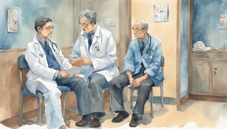 Two men in a serious conversation about penile cancer at a medical consultation room.