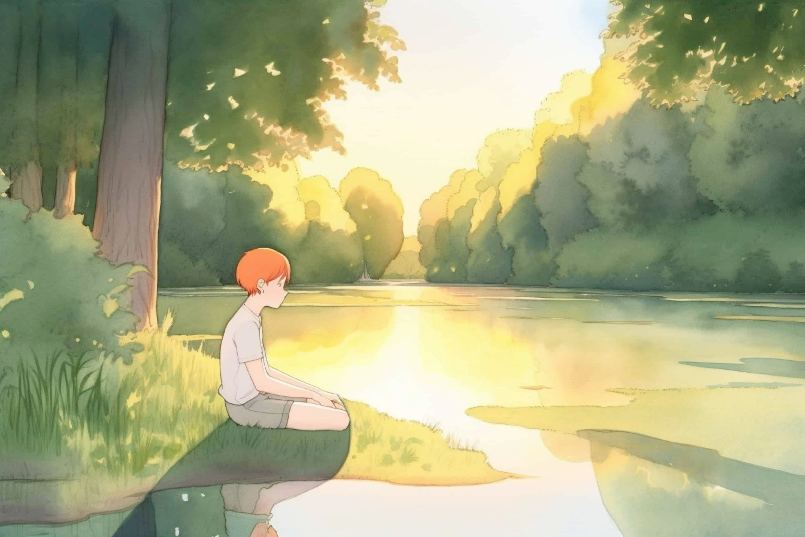 A serene individual sitting cross - legged near a tranquil lake, surrounded by lush trees and soft golden sunlight, emanating a sense of peace and calm.