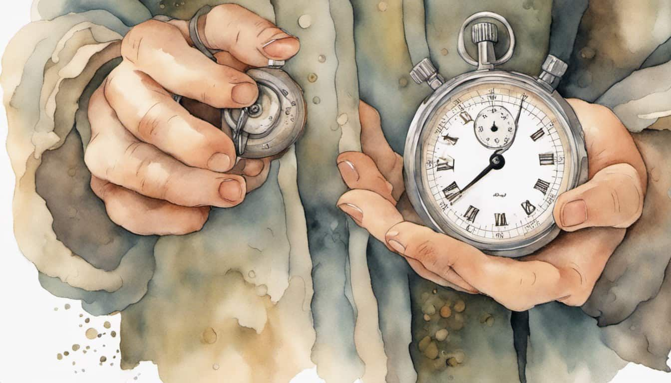 Hand holding a stopwatch with rays of light and prayers floating upwards