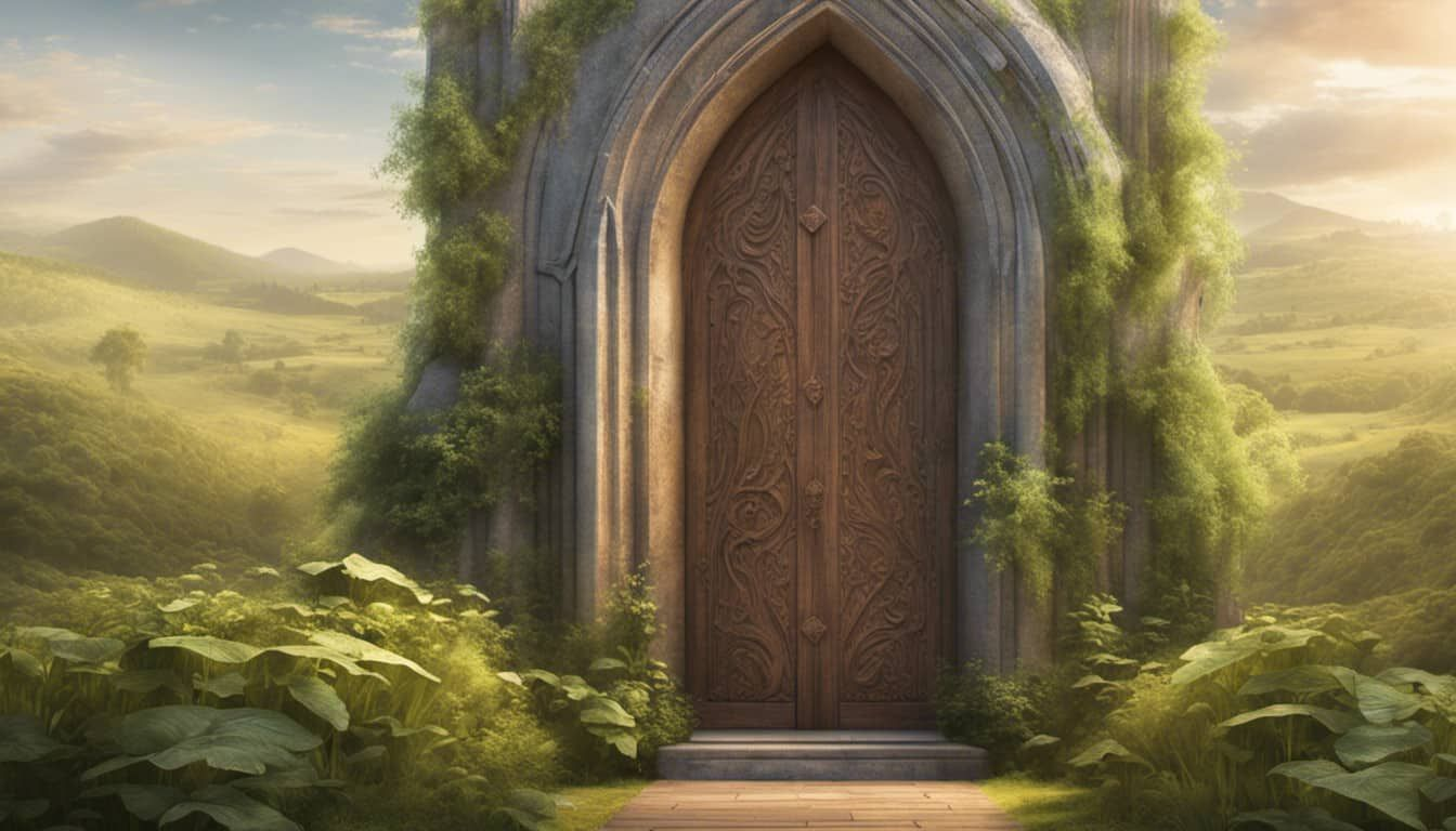 Ornate church door opening into vibrant growth landscape