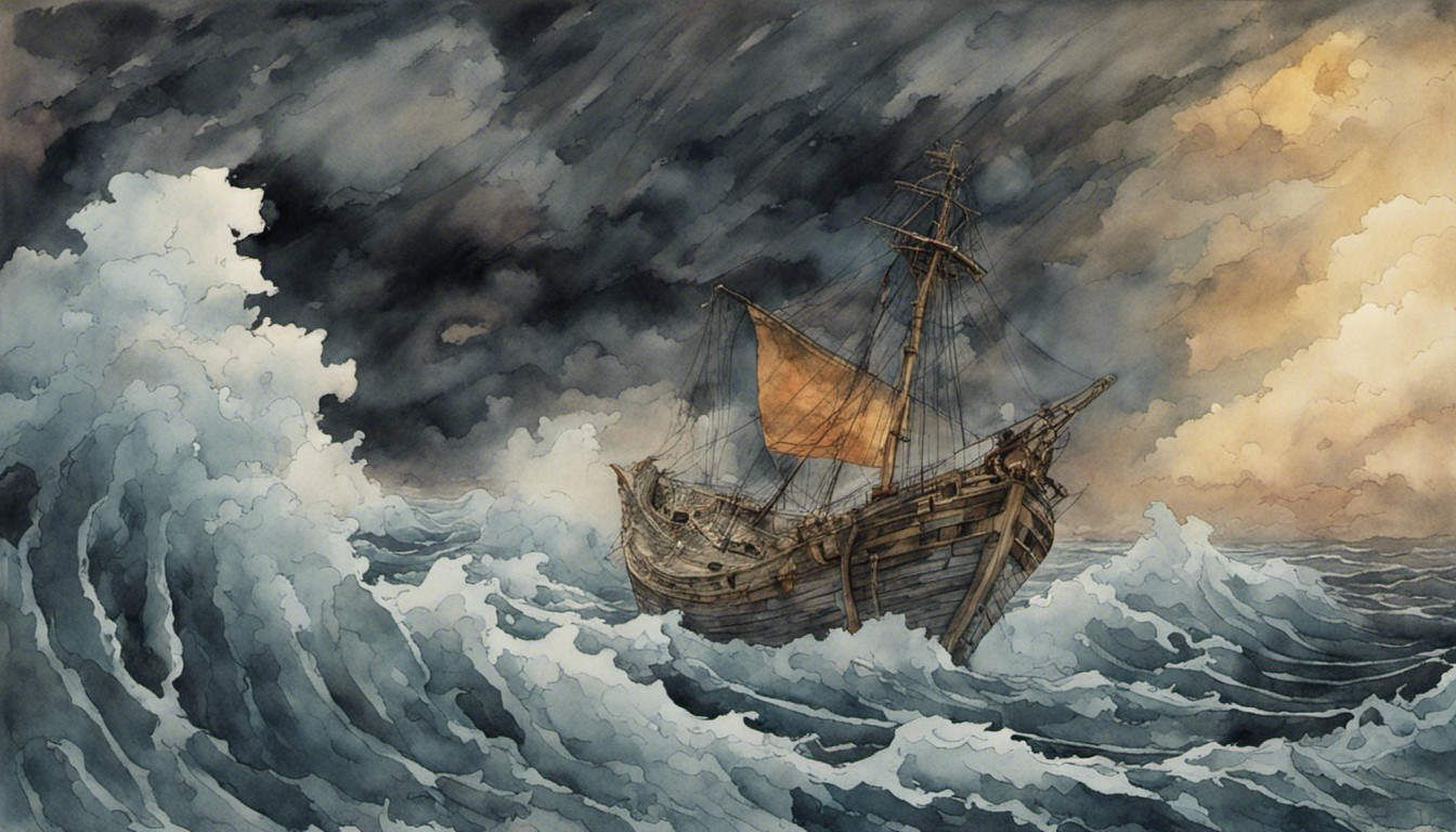 Sailor's old ship floating in the rough sea under stormy sky