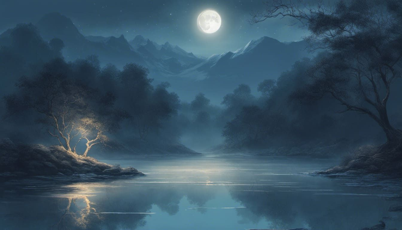 Soothing nighttime landscape with a peaceful river reflecting moonlight