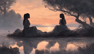 A serene landscape with a comforting sunrise, two women sharing a quiet moment of solace