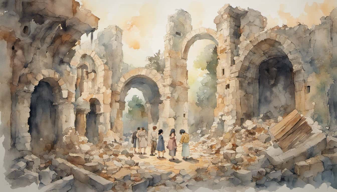 Civilians praying in ruins amidst war