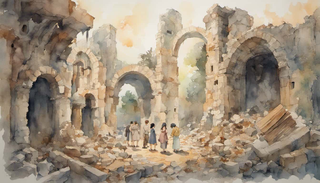Civilians praying in ruins amidst war