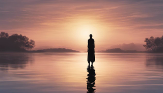Human silhouette beholding a serene water body during sunrise