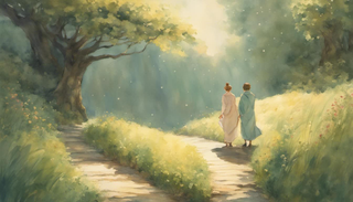 Couple walking in serene landscape symbolizing prayer journey