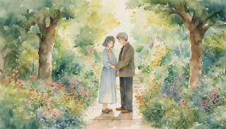 two adults standing closely, covered in a veil of light with botanic surrounding and a glowing heart between them