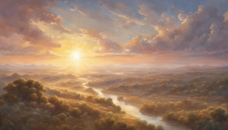 Illustration of a serene landscape with a sunrise reflecting on a map of the USA