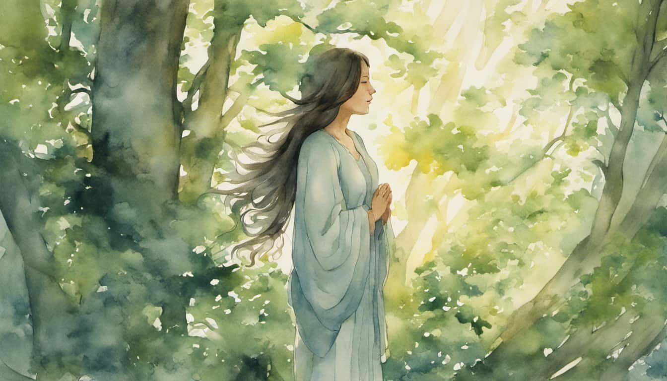 A woman standing amidst a tranquil forest, her body seems to be absorbing the positive energies from the surrounding