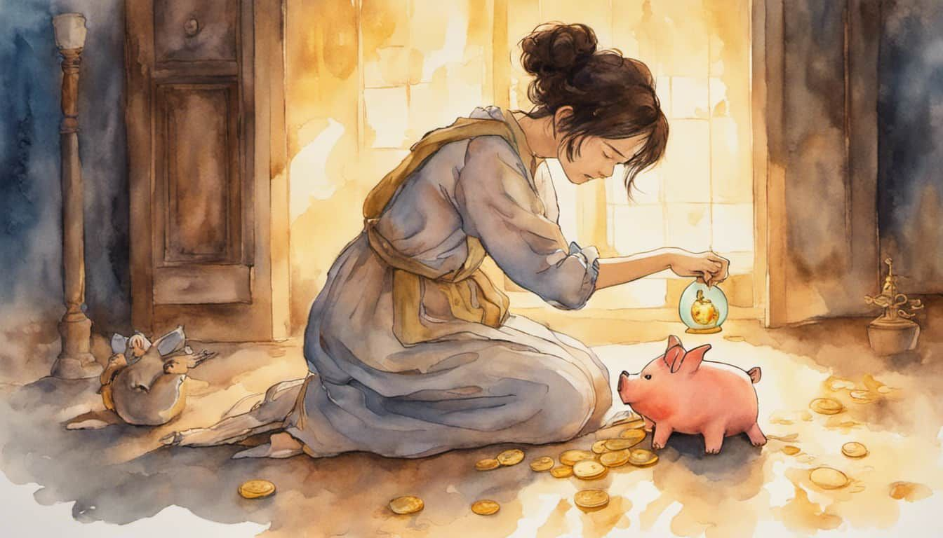 Woman prays in front of glowing piggy bank after getting scammed