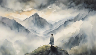 A figure, standing in front of a vast mountain landscape, arms raised to the dark cloudy skies while a spectrum of light burst through.