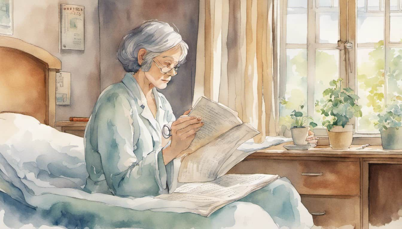 A woman sitting by a hospital window, looking resilient and confident, holding a magnifying glass over a medical textbook opened on a page about vulvar cancer