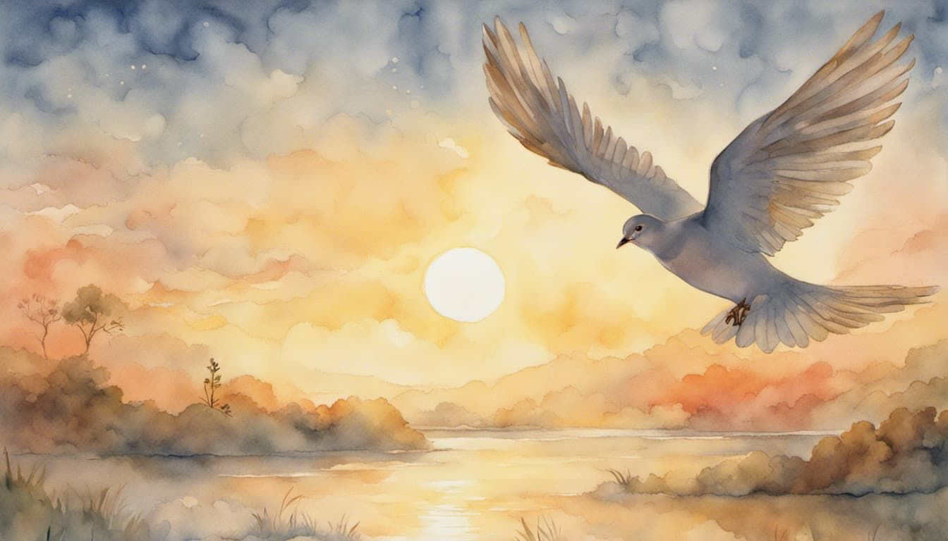 A sunrise over a serene landscape with a dove flying above