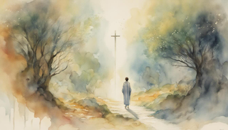 A lone figure standing at the crossroad of an ethereal pathway, representing a second chance in life