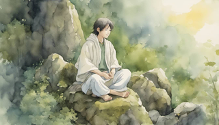 Person meditating in serene nature