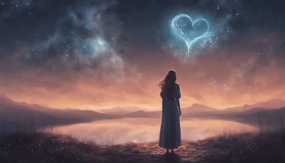 Woman under starry sky looking at a distant heart shape