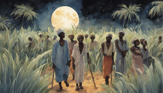 African slaves in congregation under moonlit cane fields