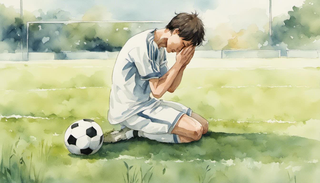 A soccer player fervently praying on the field