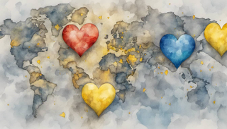 Multiple hearts in the colors of the Ukrainian flag forming the shape of Ukraine against the backdrop of a global map