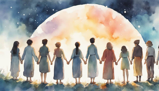 Group of diverse people holding hands in a circle, praying under a sky filled with ethereal light