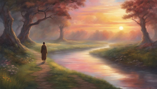 A lone figure walking on a path in the direction of a sunrise