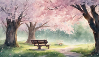 Person peacefully seated in a blossom laden park after communion.