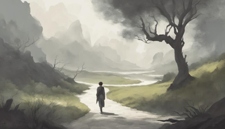 A young man on a journey through a peaceful landscape