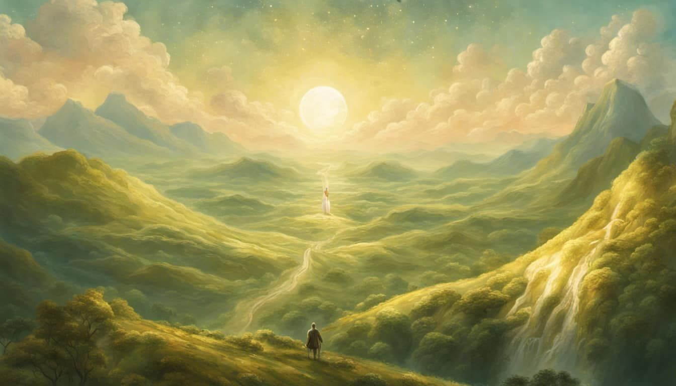 A person standing at the border of a light-beaming realm of abundance