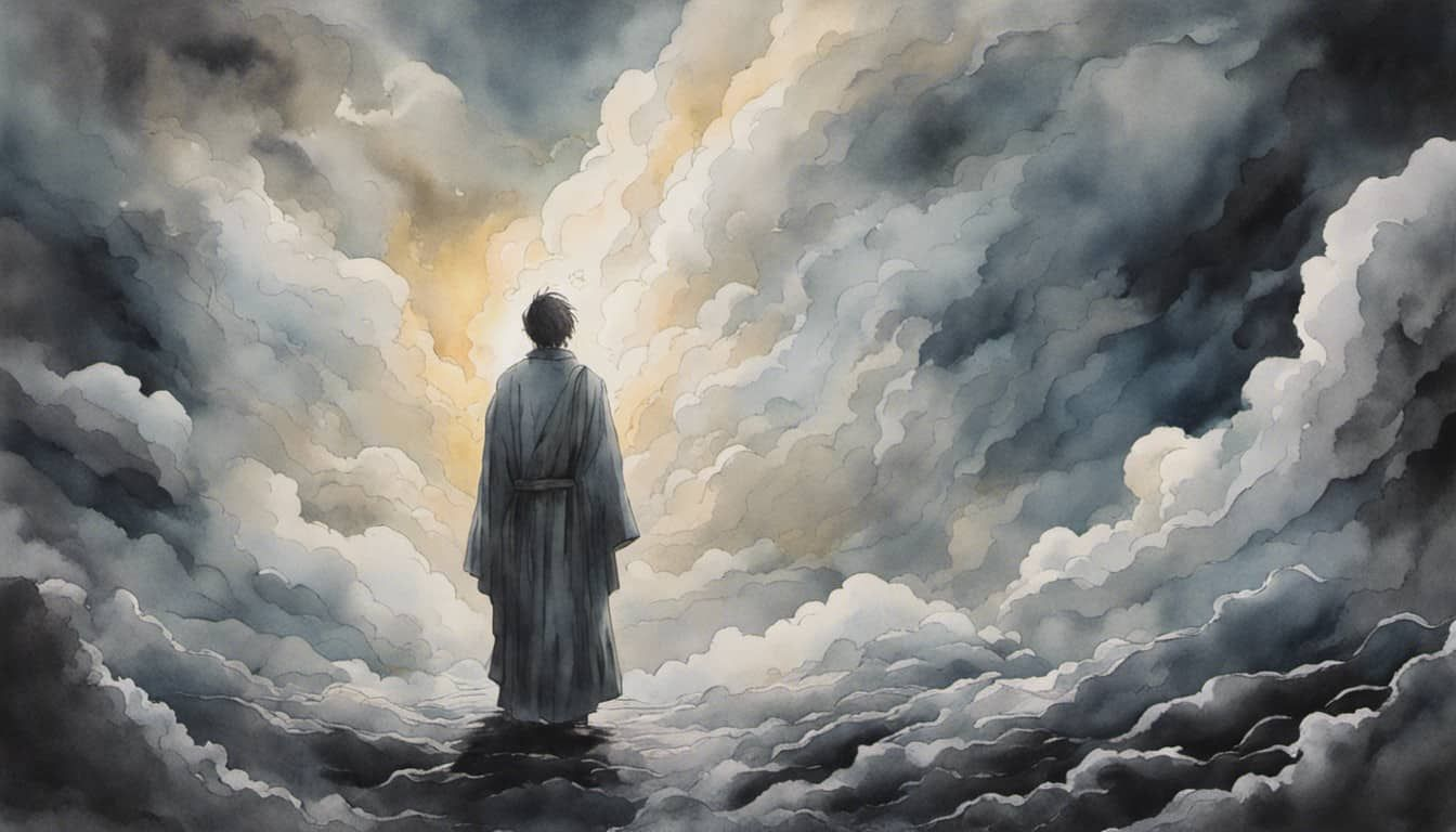 A figure clad in light standing against a cloud of darkness, under a stormy sky