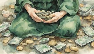 Hands holding a wallet full of dollar bills and coins against a backdrop of prayers and words depicting financial stability