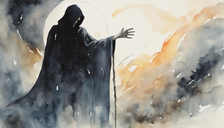 Person confronting Grim Reaper with determination, amidst storm clouds