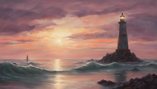 A calm sea at twilight with a lighthouse in the distance and a string of pearls flowing towards it, symbolizing financial recovery and hope