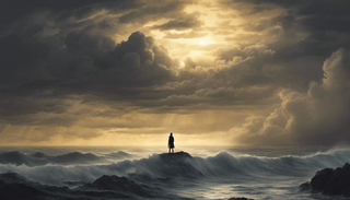 Person looks towards bright horizon over stormy sea