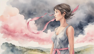 Woman standing strong amidst pink ribbon and storm clouds