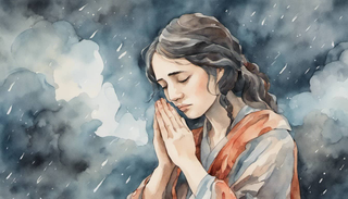 Woman praying for strength amidst stormy weather