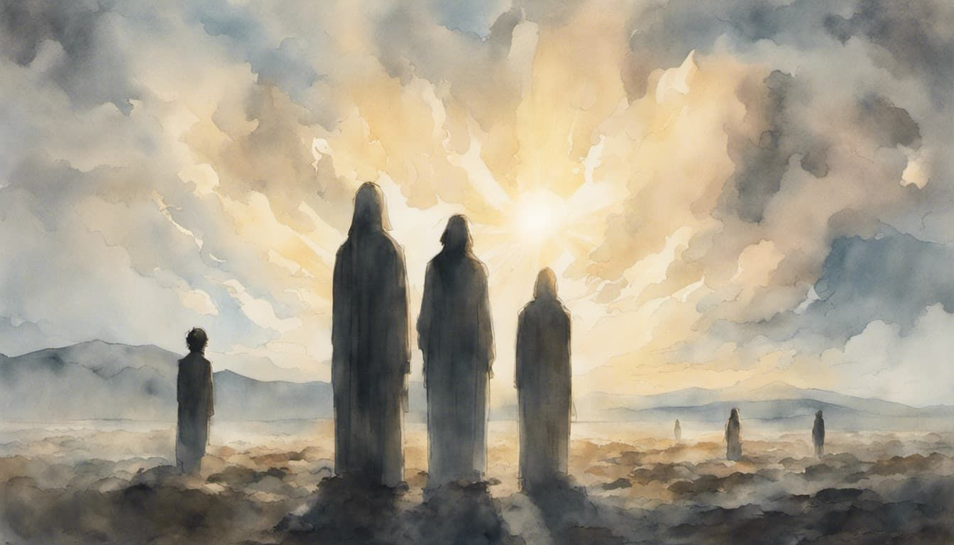 Illustration of human silhouettes being nourished by beams of light from clouds above