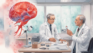 A patient looking at a holographic liver model with a doctor explaining cancer cells