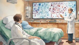 A doctor explaining the myeloma cancer cells to a hopeful patient, highlighting the ambiguous journey of fighting cancer.