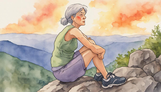 A middle-aged woman on a hiking trail experiencing knee pain