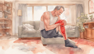 Man clutching calf muscle in pain with heat compress, diagram of inflamed muscle in the background