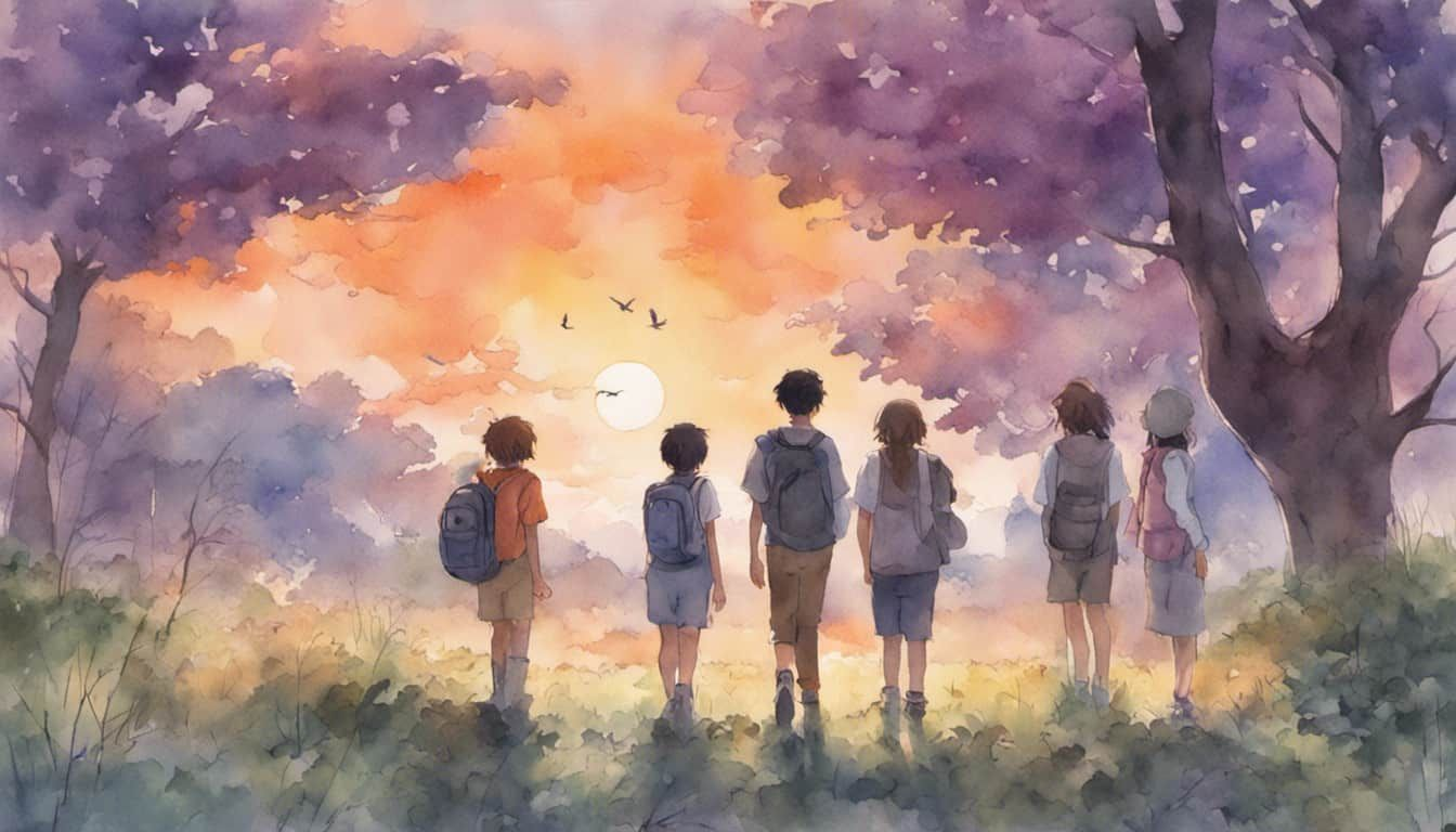 Group of teenagers standing individually in a tranquil park at sunset, gazing at the horizon