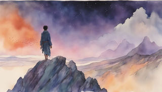 An individual standing at the edge of a precipice overlooking a dusk landscape with a brighter dawn on the other side
