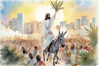 Jesus Christ's triumphal entry into Jerusalem on Palm Sunday, with a crowd waving palm branches.