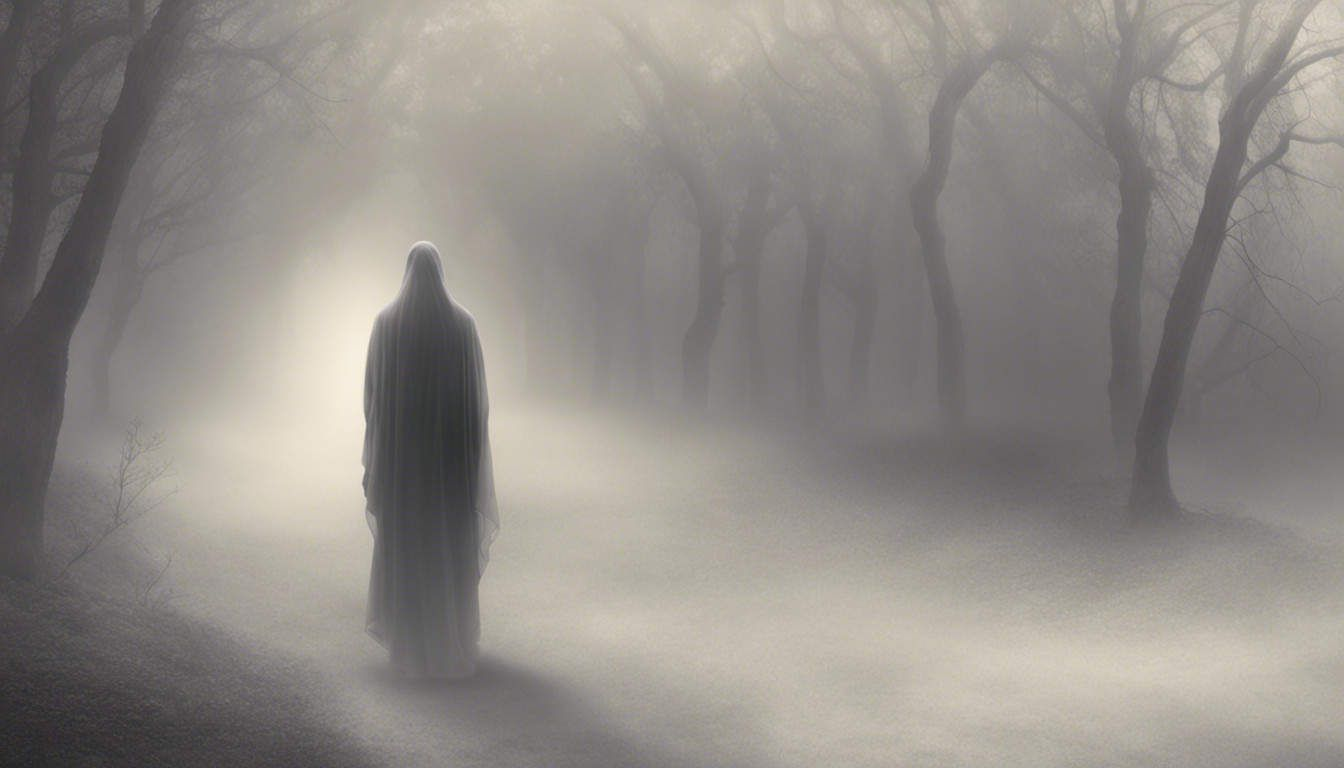 Light guiding a figure through a foggy path