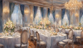 A soft candlelit banquet hall with an elegantly set table awaiting dinner guests